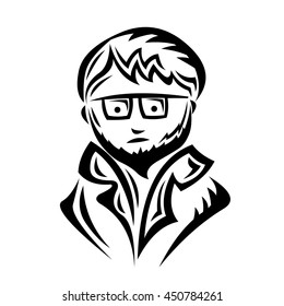 Stock guy in glasses. Ink Drawing Sketch vector man face.