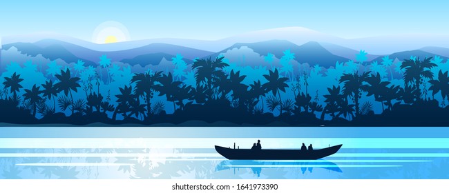 Stock horizontal landscape with rainforest, river and boat in mist. Jungle panorama with palm trees silhouette and rising sun. Exotic vector banner in blue for landing pages, advertisements, flyers.