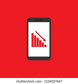 Stock icon down on smartphone on red background.