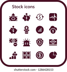  stock icon set. 16 filled stock icons. Simple modern icons about  - Money, Piggy bank, Currency exchange, Stocks, Growth, Bars graphics, Funds, Financial, Chart, Warehouse, Coin