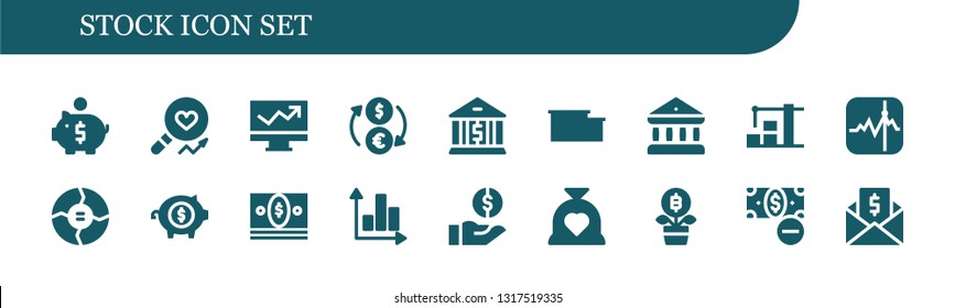 stock icon set. 18 filled stock icons.  Simple modern icons about  - Piggy bank, Analysis, Line chart, Exchange, Bank, Warehouse, Stocks, Graph, Money, Budget, Growth