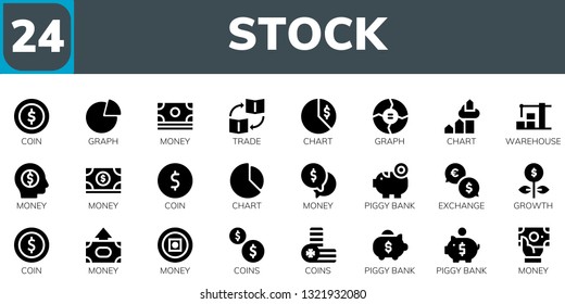 stock icon set. 24 filled stock icons.  Collection Of - Coin, Graph, Money, Trade, Chart, Warehouse, Piggy bank, Exchange, Growth, Coins
