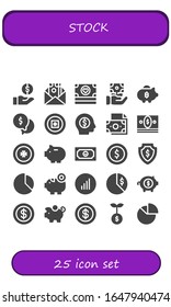stock icon set. 25 filled stock icons. Included Money, Piggy bank, Coin, Chart, Bars graphics, Growth icons