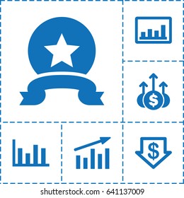 Stock icon. set of 6 stock filled icons such as dollar down, graph, chart, medal