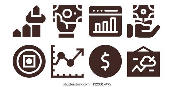 stock icon set. 8 filled stock icons.  Collection Of - Money, Chart, Line chart, Coin, Graph