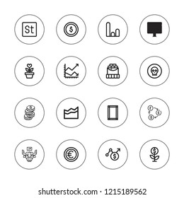 Stock icon set. collection of 16 outline stock icons with coin, chart, coins, exchange, dollar coins, graph, growth, euro, margin, line chart, profit, profits icons.