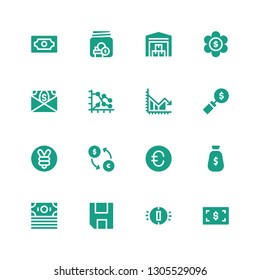 stock icon set. Collection of 16 filled stock icons included Money, Coin, Save, Euro, Exchange, Yuan, Chart, Graph, Warehouse, Savings