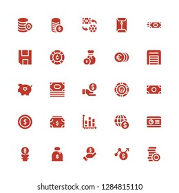 stock icon set. Collection of 25 filled stock icons included Coins, Chart, Finance, Money, Growth, Graph, Coin, Piggy bank, Warehouse, Save, Exchange