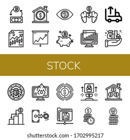 Stock Icon Set. Collection Of Exchange, Finance, Coin, Analysis, Money, Piggy Bank, Growth, Chart, Unloading, Assets, Data Loss, Dollar, Save, Time Is Money Icons