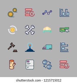 stock icon set. vector set about investment, coins, euro and trailer icons set.