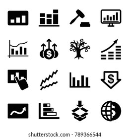 Stock icons. set of 16 editable filled stock icons such as dollar down, graph, money growth, money tree, globe dollar, box, chart, hand on graph, auction