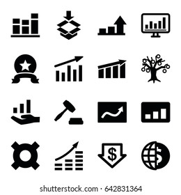 Stock icons set. set of 16 stock filled icons such as dollar down, box, chart, auction, graph, graph on hand, medal, money growth, money tree, globe dollar