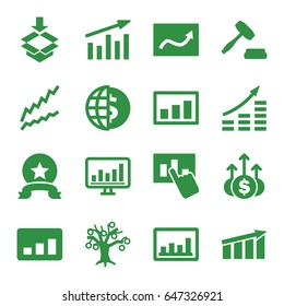 Stock icons set. set of 16 stock filled icons such as graph, box, chart, auction, hand on graph, medal, money up, money growth, money tree