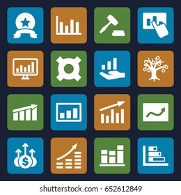 Stock icons set. set of 16 stock filled icons such as chart, auction, graph, graph on hand, hand on graph, medal, money up, money growth, money tree