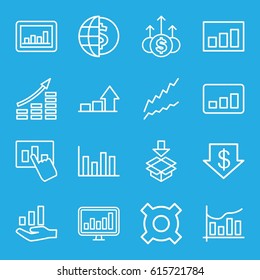 Stock icons set. set of 16 stock outline icons such as dollar down, graph, box, chart, graph on hand, money up, money growth, globe dollar, illustrgeneric currencyation