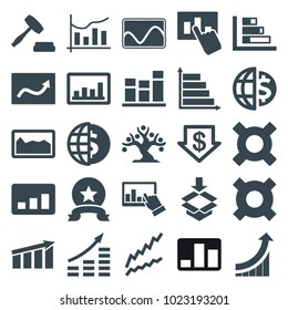 Stock icons. set of 25 editable filled stock icons such as dollar down, graph, money growth, globe dollar, illustrgeneric currencyation, box, chart, hand on graph, auction