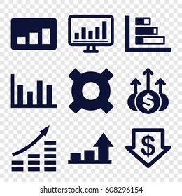 Stock icons set. set of 9 stock filled icons such as dollar down, chart, graph, money up, money growth