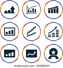 Stock icons set. set of 9 stock filled icons such as chart, graph, medal