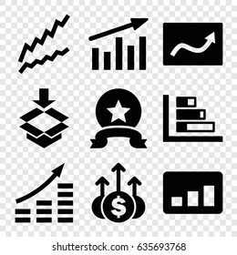 Stock icons set. set of 9 stock filled icons such as box, chart, medal, money up, graph
