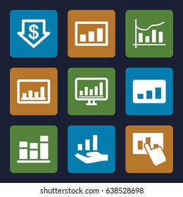 Stock icons set. set of 9 stock filled icons such as dollar down, graph, chart, graph on hand