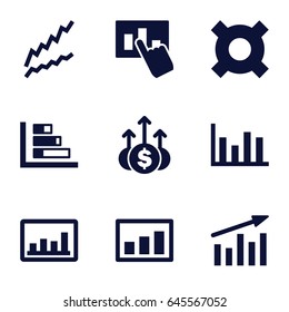 Stock icons set. set of 9 stock filled icons such as graph, chart, hand on graph, money up