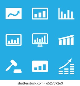 Stock icons set. set of 9 stock filled icons such as graph, chart, auction