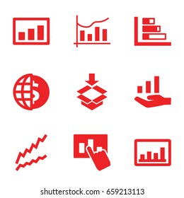 Stock icons set. set of 9 stock filled icons such as graph, box, chart, graph on hand, hand on graph