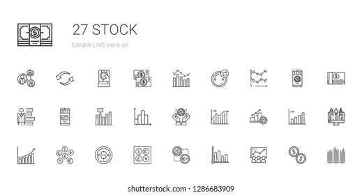 stock icons set. Collection of stock with chart, bar chart, exchange, coins, coin, progress, line chart, money, graphic, analysis. Editable and scalable stock icons.