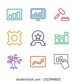 stock icons. Trendy 9 stock icons. Contain icons such as hand on graph, chart, money tree, medal, generic currency, auction, graph. stock icon for web and mobile.