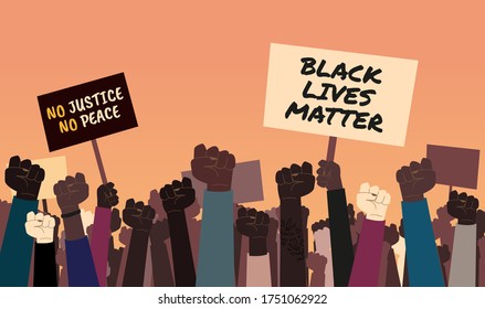 Stock illustration of anti-racist protesters with Black Lives Matter and No justice, No peace signs. Protest against racial inequality and injustice of the death of George Floyd. Flat vector