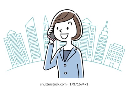 Stock Illustration: business woman, telephone, city