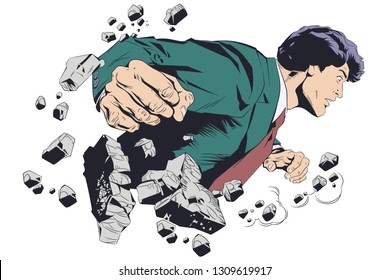 Stock illustration. Businessman breaking wall. Business breakthrough. 