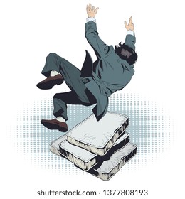 Stock illustration. Businessman falls on soft mattresses. Danger foreseen is half avoided.