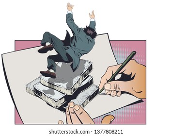 Stock illustration. Businessman falls on soft mattresses. Danger foreseen is half avoided.