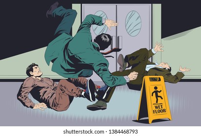 Stock illustration. Businessman's falls on wet floor. Warning sign.