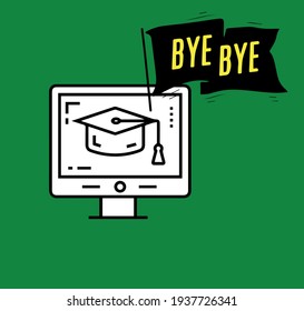 stock illustration bye bye with laptop and graduate hat