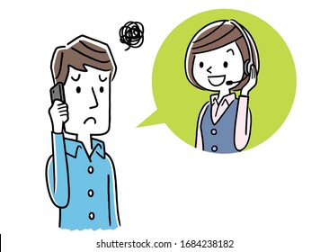 Stock illustration: call center, man talking with operator woman