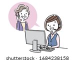 Stock illustration: call center, senior woman talking with operator woman