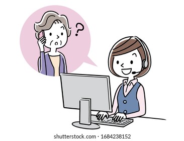 Stock illustration: call center, senior woman talking with operator woman