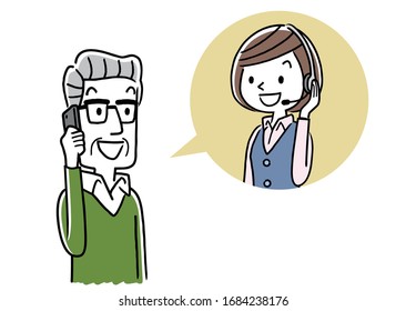 Stock illustration: call center, senior man talking with operator woman