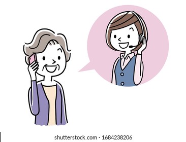 Stock illustration: call center, senior woman talking with operator woman