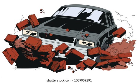 Stock illustration. Car breaking wall.