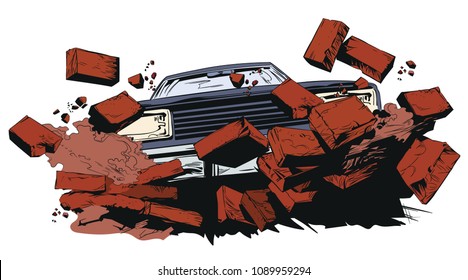 Stock illustration. Car breaking wall.