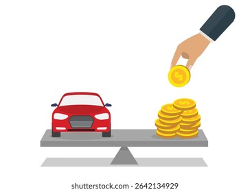 Stock illustration of a car and a stack of dollar coins on a lever