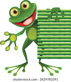 Stock Illustration Cheerful frog with a bamboo sign on a White Background