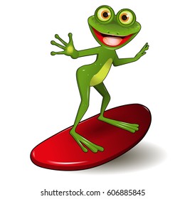 Stock Illustration Cheerful Green Frog Surfer on a Red Surf