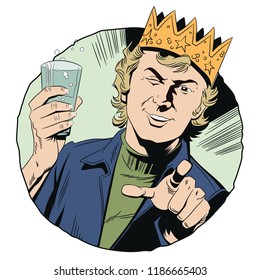 Stock illustration. Cheerful guy in crown with glass. Man pointing his finger.