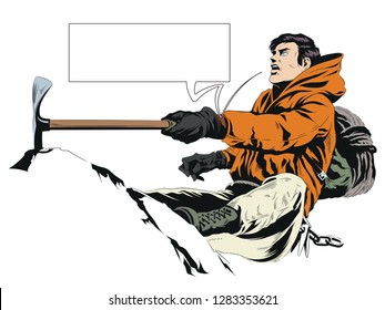 Stock illustration. Climber in snowy mountains. 