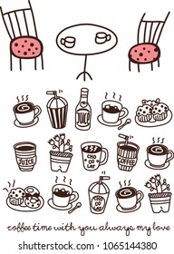 stock illustration coffee time  doodle icon set