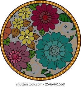 Stock illustration of colorful flowers in a circle frame